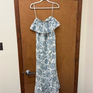 White and Blue Floral Ruffle Maxi Dress with Spaghetti Straps